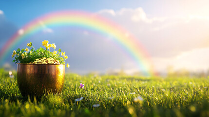 a pot of gold at the end of a rainbow in a green field with flowers and a blue sky
