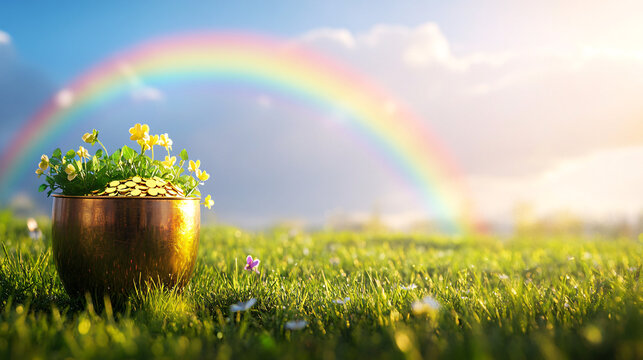 a pot of gold at the end of a rainbow in a green field with flowers and a blue sky