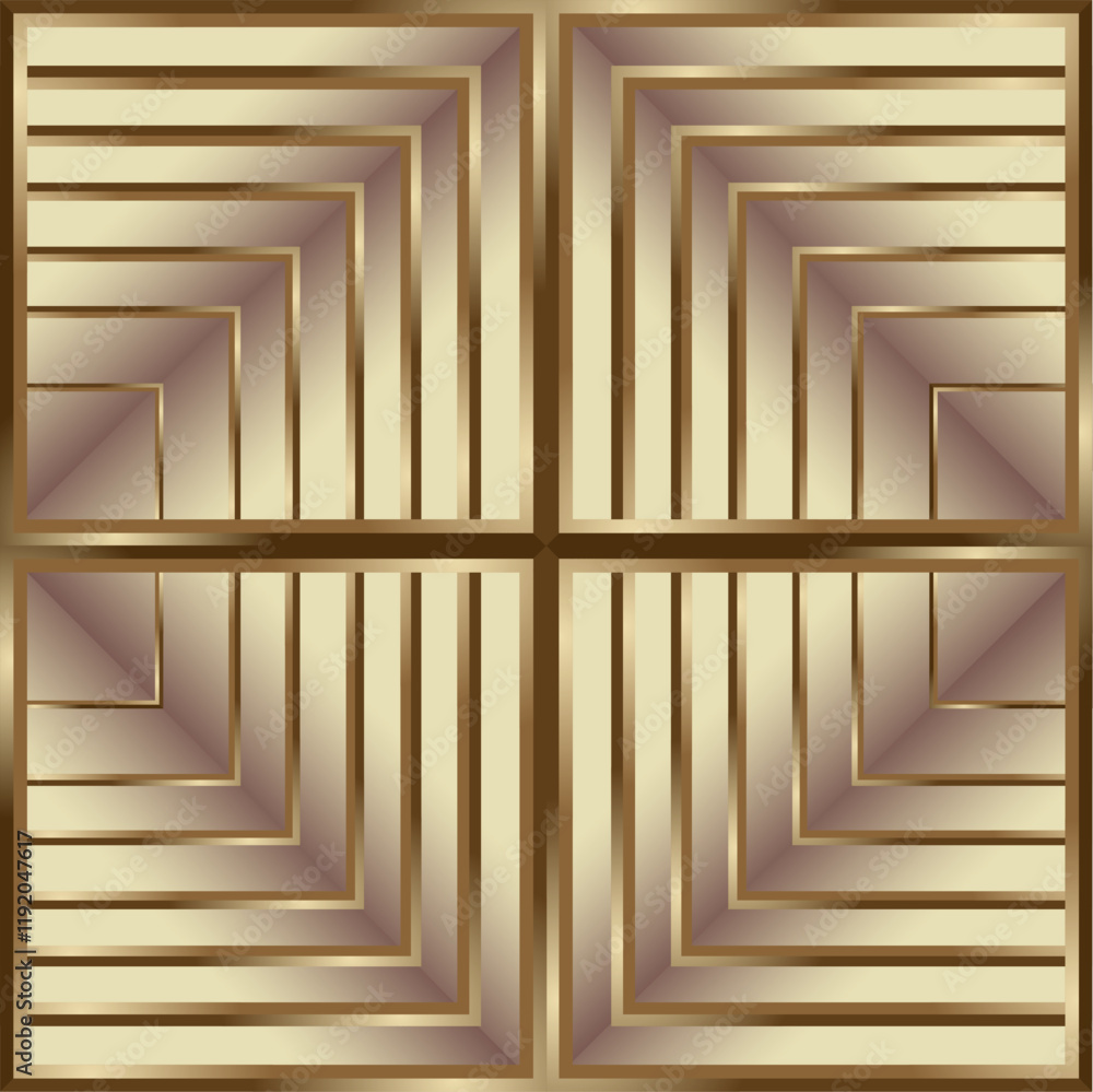 Poster composition of repeating geometric planes in the form of squares with gradations of brown and gold a