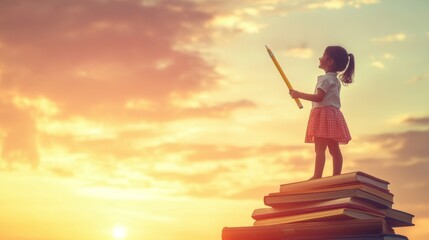 Back to school! Happy cute industrious child standing on the tower of books and holding a huge pencil on background of sunset sky. Concept of education and reading. The development of the imagination.