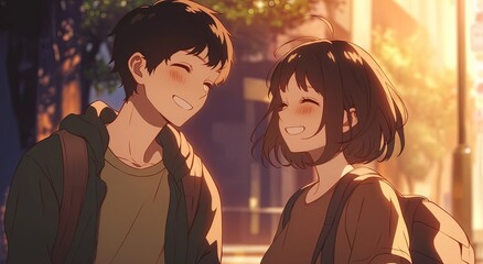 Anime couple on a street corner at night: A loving moment as the man with black hair smiles at his worried but happy girlfriend, who wears a brown bob cut and grey shirt.

