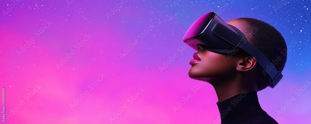 Poster online learning concept. a serene image of a student with a glowing virtual reality headset, explori