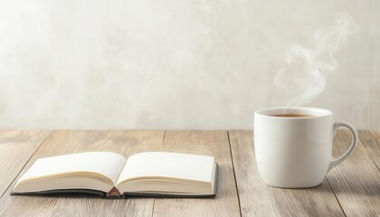 mindfulness breathing. Gratitude journal resting on a wooden table beside a steaming cup of tea, symbolizing mindful reflection
