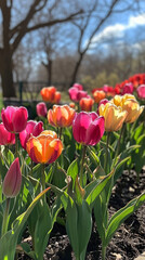 vibrant colorful spring tulips blooming in a garden
