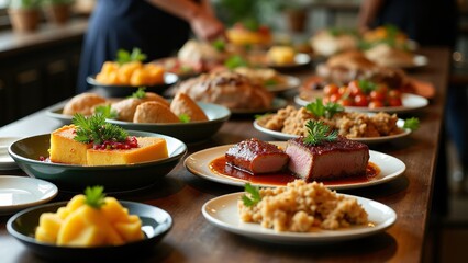 Obraz premium An artistically arranged spread of kosher Passover dishes like gefilte fish and brisket, highlighting both modern presentation and traditional flavors.