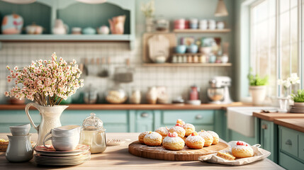 sweet pastry with powdered sugar in a rustic kitchen setting with pastel green cabinets  and blooming cherry blossoms