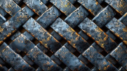A close-up of a textured, woven metal surface with a weathered appearance.