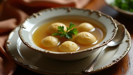 A bowl of matzo ball soup served elegantly, with light matzo balls in a clear broth, capturing the warmth and tradition of Passover.