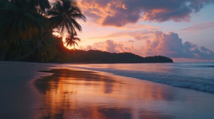 A serene beach scene at dusk with palm trees and soft waves on the shore under a beautiful sky