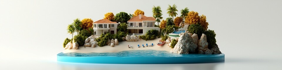 Obraz premium Idyllic Tropical Island Retreat Luxurious Beachfront Villa Nestled in Lush Foliage Overlooking the Turquoise Ocean and Pristine Sandy Shores