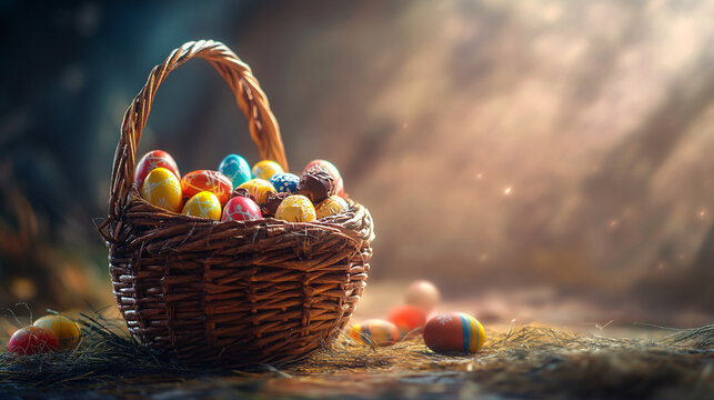 colorful easter eggs in a wicker basket on a wooden surface with a soft blurred background