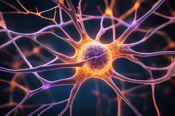 Neuron with detailed parts (soma, dendrites, axon, synapse) and show signal transmission with glowing effects and contrasting colors.