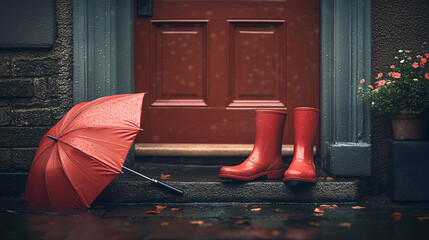 red umbrella and rain boots by red door on a rainy day