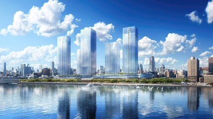Obraz premium A cityscape featuring modern glass towers with reflections of clouds.