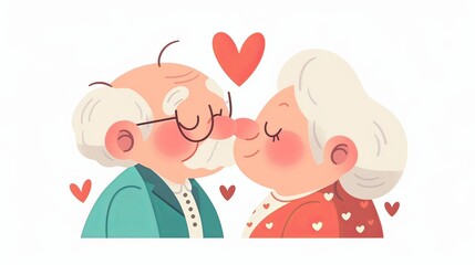  an elderly couple kissing, with the grandma in pink and grandpa in teal, set against a white background.