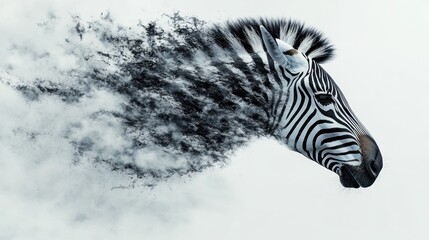 Zebra head with a dissolving effect creating a dynamic visual on light background