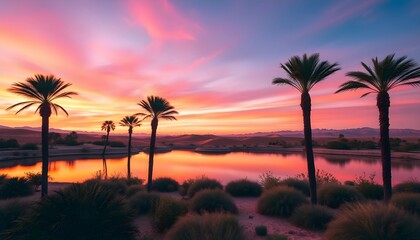 Obraz premium Golden Serenity: A Breathtaking Sunset Over a Peaceful Palm-Lined Oasis