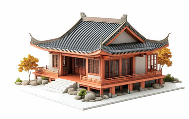 Fototapeta premium Asian house model, autumn trees, white background, design