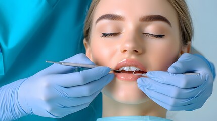 A dentist carefully administers a dental filling to a young female patient in a clinic. Surgical gloves, precision tools, and a focus on dental hygiene are prominent. The setting is bright and clean.