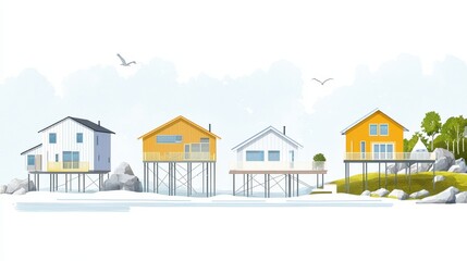 A colorful illustration of stilt houses along a serene waterfront, surrounded by rocks and trees, with birds flying in the sky.
