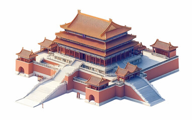 Forbidden City model, isometric view, white background, 3D render, architecture