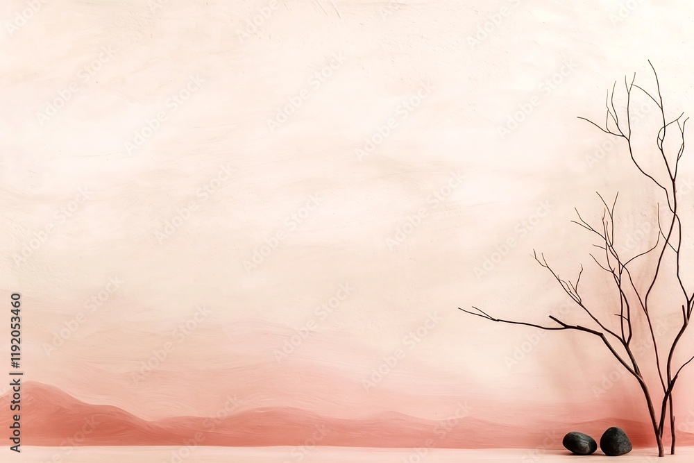 Poster serene and minimalist landscape featuring a gradient transition from soft blush to muted tan with a 