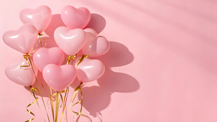 Heart-shaped pink balloons with golden ribbons on pastel pink background.