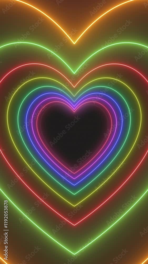 Poster vertical video animation of many hearts in neon rainbow color on dark background - abstract backgrou