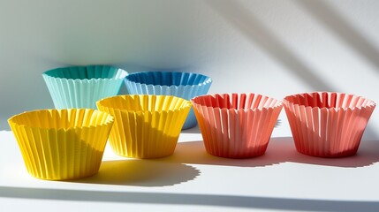 A set of compostable cupcake liners in vibrant natural colors, displayed on white.