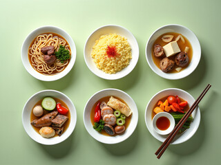 Assorted traditional Asian dishes served in white bowls on a green background.