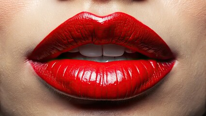 Obraz premium Close-up, macro photography of red lips; showcasing matte and glossy lipstick textures. Bold beauty and fashion artistry.
