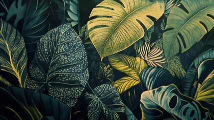 Vibrant Tropical Leaves Pattern with Varied Colors and Textures