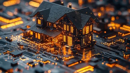 A house on a circuit board with glowing elements.