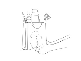 Continuous one line drawing of medicine, tablet, pill on  pharmacy paperbag. hand holding medical shopping bag in single line draw illustration. Editable stroke.