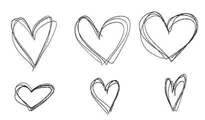 Set of hearts of different shapes. Hearts drawn by hand.