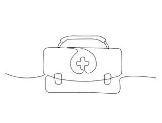 Obraz premium Continuous one line drawing of First aid kit medical bag. Medical bag in single line draw illustration. Editable stroke.