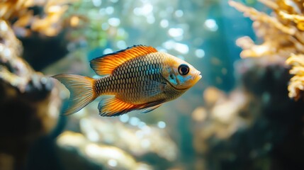 Obraz premium Colorful fish swimming in clear water with blurred bokeh background for graphic design