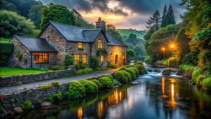 Obraz premium Cozy Irish cottage bathed in moonlight, a dark river mirroring its charm. Stunning night photography.