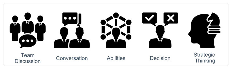 A set of 5 business icons as team discussion, conversation, abilities