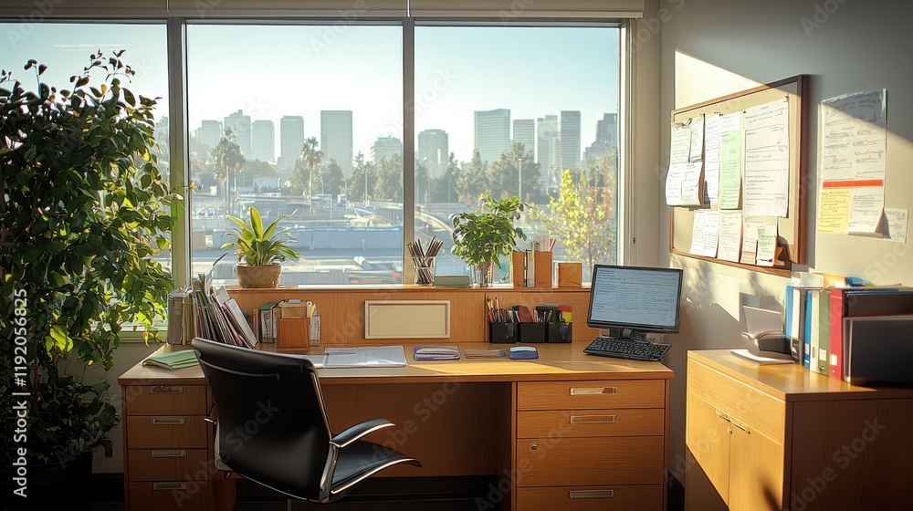 Poster illuminated office workstation with personalized nameplate modern business environment cubicle setti