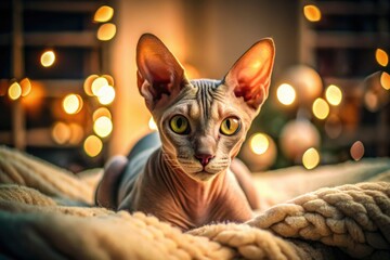 Cute hairless cat, a peaceful slumber captured in a beautiful night photograph.