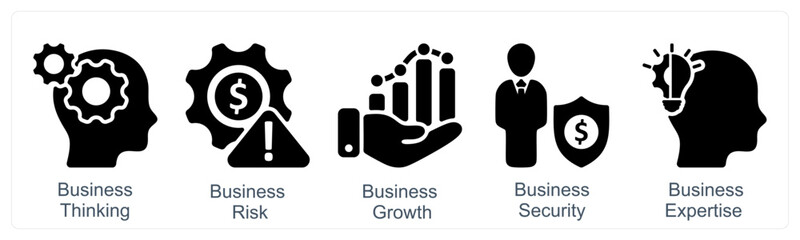 A set of 5 business icons as business thinking, business risk, business growth
