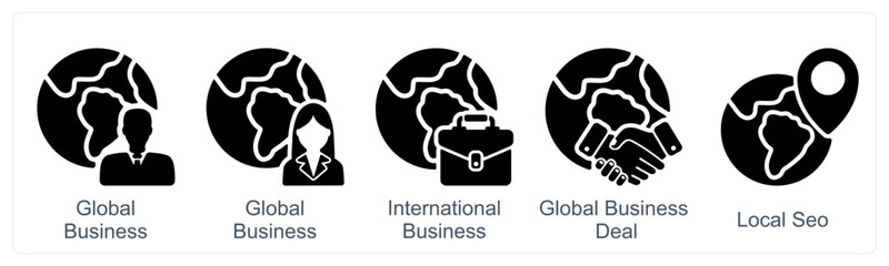 A set of 5 business icons as global business, international business, business deal