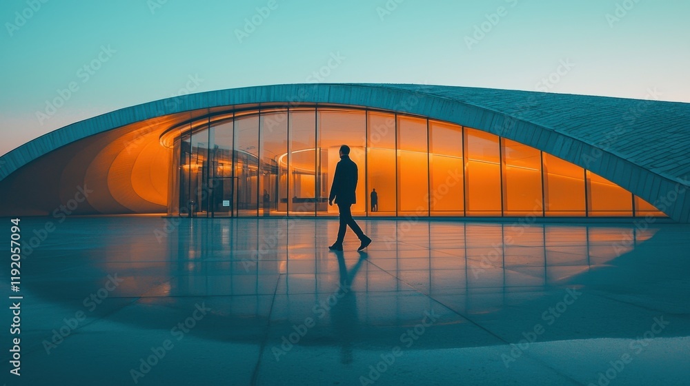 Poster person strolling into a futuristic standard modern cityscape urban environment serene evening view f