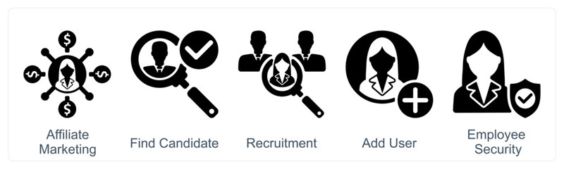 A set of 5 business icons as affiliate marketing, find candidate, recruitment
