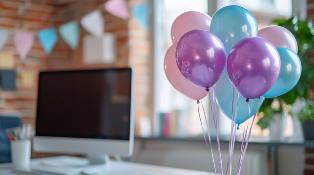 Welcoming new employee setup office workspace desk arrangement bright environment celebratory view balloons and welcome card theme