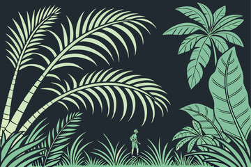 Tropical palm leaves, vibrant green foliage, black background, symmetrical composition, lush jungle fronds, botanical illustration, exotic flora, high contrast, nature border, detailed leaf textures, 