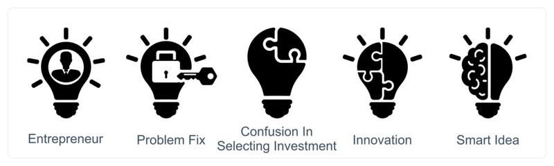 A set of 5 business icons as enterpreneur, problem fix, confusion in selecting investment