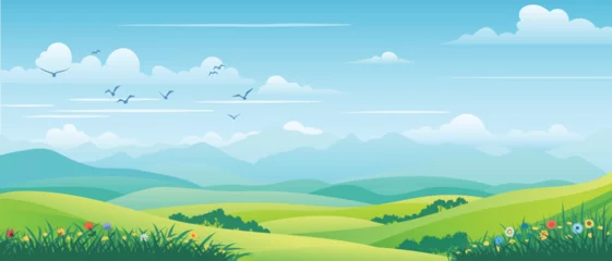 Fototapete Rund View of summer landscape, spring hills, green meadows and hills, bird flock, vector illustration © Valerii