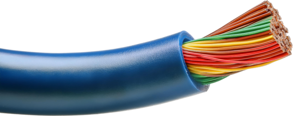 Close up of Colorful Multicore Cable Wires in Blue Sheath Electrical Wiring Technology Industrial